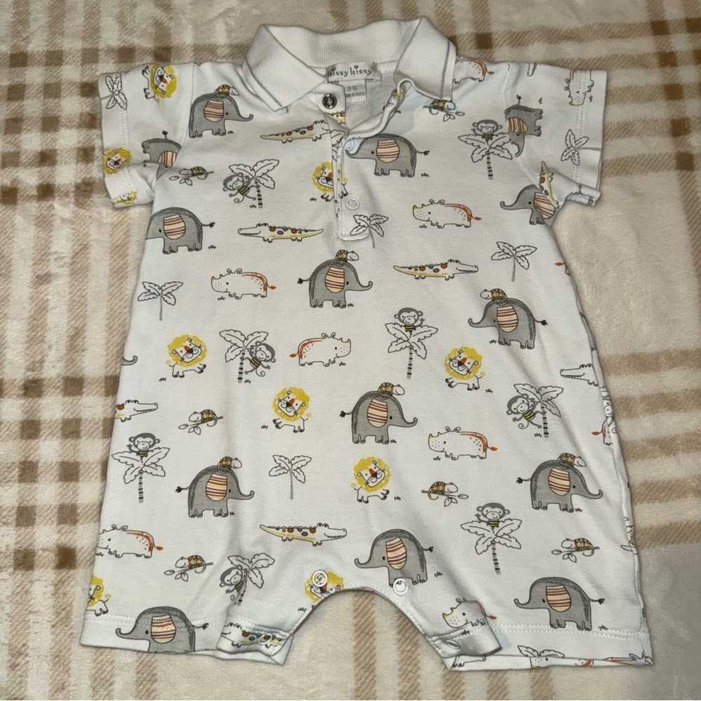 Kissy Kissy Baby Boys Safari Animal Pima Cotton Polo Romper White 3-6 Months